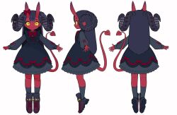  1girl :3 apron black_apron black_dress black_hair black_shoes black_socks blunt_bangs bow child colored_sclera colored_skin commentary_request cross-laced_apron cross-laced_clothes cross-laced_sleeves curled_horns curtsey cyborg demon_girl demon_horns demon_tail dress extra_horns frilled_skirt frills from_behind from_side full_body gothic_lolita highres horizontal_pupils horns iwako_(eiken3kyuboy) lolita_fashion long_hair mecha_musume mechanical_horns multiple_views original puffy_sleeves red_bow red_skin reference_sheet shoes simple_background skirt slit_pupils sneakers socks tail thorns white_background yellow_eyes yellow_sclera 