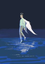 1boy all_saints_street angel_wings blue_shirt brown_hair brown_pants commentary_request full_body halo highres long_sleeves lynn_angel male_focus night outdoors pants ripples shirt solo standing standing_on_liquid tensoba20230223 traditional_halo wide_shot wings 