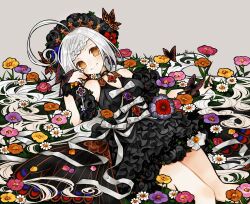  1girl :d absurdres ahoge black_dress black_flower blush braid closed_mouth commentary_request dress fate/grand_order fate_(series) flower grass grey_hair highres huge_ahoge long_hair looking_at_viewer lying official_artist_extra on_back orange_eyes persephone_(fate) red_flower ribbon smile solo sumisu_(rinsumi) very_long_hair 