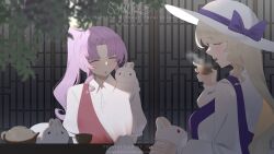  2girls absurdres animal_on_shoulder blonde_hair blush bow breasts collared_shirt commentary dress english_commentary hair_ribbon hat hat_bow highres large_breasts long_hair long_sleeves multiple_girls no_noru open_mouth pink_hair ponytail purple_bow purple_dress rabbit red_dress ribbon sample_watermark shirt siblings single_strap sisters steam table tea teapot touhou watatsuki_no_toyohime watatsuki_no_yorihime watermark white_hat white_shirt 