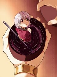  2girls absurdres bowl commentary_request female_pov highres holding holding_bowl in_bowl in_container japanese_clothes kijin_seija kimono long_sleeves looking_at_viewer medium_hair mini_person minigirl multiple_girls needle partially_submerged pov pov_hands purple_hair red_eyes red_kimono ripples sitting solo_focus sukuna_shinmyoumaru touhou turtle-kun water wet wet_hair 