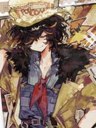  1boy ascot blue_shirt brown_hair chinese_commentary closed_eyes colored_tips commentary_request fang florian_brand florian_brand_(puffing) fur-trimmed_jacket fur_trim hair_over_one_eye highres identity_v jacket male_focus multicolored_hair overalls red_ascot shirt solo upper_body xinjinjumin161106805759 yellow_jacket 