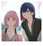  2girls black_sweater_vest blue_eyes blue_hair blunt_bangs blurry blurry_background blush border brown_sweater_vest closed_mouth colored_inner_hair commentary hair_behind_ear hair_tubes half-closed_eyes highres isshiki_(ffmania7) kaf_(kamitsubaki_studio) kamitsubaki_studio lips long_hair looking_at_viewer making_faces multicolored_eyes multicolored_hair multiple_girls pink_hair pout red_eyes redhead rim_(kamitsubaki_studio) shirt short_hair short_sleeves signature sweater_vest symbol-only_commentary twitter_username upper_body v-shaped_eyebrows virtual_youtuber white_border white_shirt yellow_pupils 