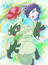  1girl 1other black_hair blue_eyes blue_jacket commentary_request fangs floragato furry highres jacket liko_(pokemon) open_mouth pokemon pokemon_(anime) pokemon_(creature) pokemon_horizons runachikku 