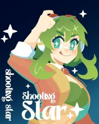  1girl aqua_eyes artist_name blush goggles goggles_on_head green_hair gumi gumi_(v3_megpoid) hand_on_goggles headphones jacket licking_lips looking_at_viewer navel night orange_jacket projecttiger red-tinted_eyewear red_goggles sky solo sparkling_eyes star_(sky) tinted_eyewear tongue tongue_out v-shaped_eyebrows vocaloid 