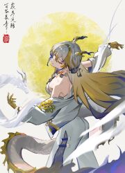  1girl arknights bare_shoulders bead_necklace beads blue_sky breasts chinese_hairpin closed_eyes closed_mouth commentary_request dragon_girl dragon_horns earrings eastern_dragon_horns fankun_de_nuojiya hair_between_eyes hair_ornament hair_stick horns jewelry long_sleeves necklace pointy_ears shirt shu_(arknights) sky small_breasts smile solo strapless strapless_shirt tassel tassel_earrings tube_top white_hair white_tube_top 