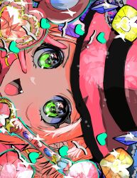  1girl absurdres chocolat_meilleure close-up commentary fang green_eyes hat heart highres magical_girl momae_mac orange_hair pink_hat smile solo sugar_sugar_rune untranslatable_commentary wand witch 