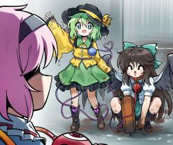  3girls :d ^_^ absurdres animal_collar arm_cannon bird_wings black_hairband black_hat black_socks black_wings blue_shirt boots bow brown_boots brown_hair buttons cape chest_eye closed_eyes collar collared_shirt commentary control_rod_(touhou) diamond_button dirty dirty_clothes disembodied_linked_eye eyeball feathered_wings frilled_shirt_collar frilled_skirt frilled_sleeves frills green_bow green_eyes green_hair green_skirt hair_between_eyes hair_bow hairband hat hat_bow heart heart_of_string highres holding holding_leash komeiji_koishi komeiji_satori leash long_hair long_sleeves making-of_available medium_hair mud multiple_girls open_mouth pink_hair red_collar reiuji_utsuho shirt siblings sisters skirt smile socks squatting third_eye touhou unagiii_0 very_long_hair waving weapon wet wet_clothes wet_shirt white_cape white_shirt wide_sleeves wings yellow_bow yellow_shirt 