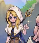  1boy 1girl :o belt blue_eyes blue_shirt blush brown_belt brown_skirt capelet day hood hood_up hooded_capelet league_of_legends lux_(league_of_legends) open_mouth outdoors phantom_ix_row pointing pointing_at_another shirt skirt solo_focus staff sylas_(league_of_legends) tree v-shaped_eyebrows white_capelet 
