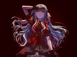  1girl arm_up bang_dream! bang_dream!_it's_mygo!!!!! black_corset black_ribbon black_skirt blue_hair commentary_request corset crying crying_with_eyes_open gloves grey_gloves hair_ribbon highres long_hair oblivionis_(bang_dream!) red_background red_shirt ribbon seine_(hanamukes) shirt sidelocks skirt solo tears togawa_sakiko 