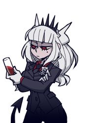  1girl alcohol black_necktie black_suit black_tail breasts collared_shirt cup demon_girl demon_horns demon_tail drinking_glass hair_up helltaker holding holding_cup horns long_sleeves lucifer_(helltaker) medium_breasts mole mole_under_eye necktie non-web_source official_art red_eyes red_shirt red_wine ringed_eyes shirt solo suit tail transparent_background vanripper white_hair white_horns wine wine_glass 