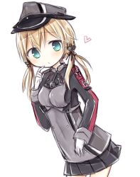  1girl amakaze_sora black_skirt blonde_hair blue_eyes breasts closed_mouth cross gloves grey_hat grey_shirt hair_between_eyes hair_over_shoulder hand_up hat heart iron_cross kantai_collection long_hair long_sleeves low_twintails medium_breasts peaked_cap pleated_skirt prinz_eugen_(kancolle) shirt simple_background skirt sleeves_past_wrists solo twintails white_background white_gloves 