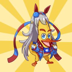  angry_birds animal_ears artist_name beak bird blue_eyes blue_jacket blue_sports_bra chuck_(angry_birds) cosplay ear_covers ear_ornament flat_chest grey_hair grey_tail hairband headband highres horse_ears jacket lightning_bolt_print long_hair mambomachitan multicolored_hairband open_clothes open_jacket open_mouth solo sports_bra striped_clothes striped_hairband tamamo_cross_(fast_as_lightning)_(umamusume) tamamo_cross_(umamusume) two-tone_hairband umamusume umamusume:_cinderella_gray yellow_fur 