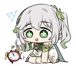  1girl :d alarm_clock blush_stickers bracelet braid chibi clock commentary detached_sleeves dress english_commentary flying_sweatdrops genshin_impact gradient_hair green_eyes grey_hair hair_between_eyes hair_ornament headpat jewelry long_hair multicolored_hair nahida_(genshin_impact) pointy_ears sesield short_sleeves side_ponytail sidelocks simple_background single_braid sitting sketch smile solo symbol-shaped_pupils wariza white_background white_dress 