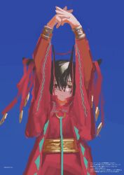  1girl :| arms_up belt black_hair blue_background bracelet brown_eyes closed_mouth dated dress euphorbiaceae gold_bracelet highres horn_ornament horn_ribbon horns interlocked_fingers jewelry red_dress ribbon simple_background standing wide_sleeves 