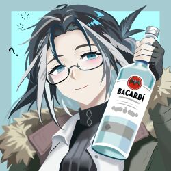  1girl ? absurdres alcohol arknights bilingual_commentary black_gloves black_hair black_shirt blue_background blue_eyes blush border bottle chinese_commentary closed_mouth colored_inner_hair commentary commission drink english_commentary fingerless_gloves fur-trimmed_sleeves fur_trim glass_bottle glasses gloves green_jacket grey_border grey_hair heizi_er_ha highres holding holding_bottle holding_drink jacket long_hair long_sleeves looking_at_viewer mixed-language_commentary multicolored_hair outside_border pixiv_commission portrait semi-rimless_eyewear shirt smile snegurochka_(arknights) solo squeans turtleneck turtleneck_shirt under-rim_eyewear vodka 