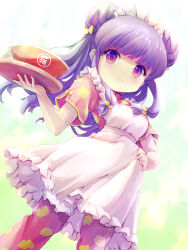  1girl apron bow bowl commentary_request double_bun floral_print hair_bow hair_bun hand_on_own_hip highres holding holding_plate long_hair maid_apron makkiusagi pants plate purple_hair ranma_1/2 red_pants red_shirt shampoo_(ranma_1/2) shirt sidelocks smile white_apron yellow_bow 
