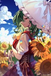  1girl absurdres adapted_costume ascot blue_sky blurry breasts brown_corset chinese_commentary closed_mouth clouds commentary_request corset dated day depth_of_field field flower flower_field frilled_skirt frills green_hair heng_(heng798616) highres holding holding_umbrella kazami_yuuka large_breasts long_hair looking_at_viewer outdoors pink_umbrella plaid_clothes plaid_skirt plaid_vest puffy_short_sleeves puffy_sleeves red_eyes red_skirt red_vest shirt short_sleeves skirt skirt_set sky smile solo sunflower sunflower_field touhou umbrella vest white_shirt yellow_ascot yellow_flower 