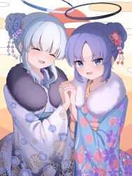  2girls absurdres aqua_kimono black_halo blue_archive blue_eyes blush closed_eyes commentary_request floral_print floral_print_kimono fur-trimmed_kimono fur_trim hair_ornament halo highres holding_hands japanese_clothes kanzashi kimono long_sleeves looking_at_viewer mechanical_halo multiple_girls noa_(blue_archive) noria_nada open_mouth print_kimono purple_hair purple_kimono sweat white_hair white_halo yuuka_(blue_archive) 