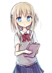 1girl ^^^ amakaze_sora black_skirt blonde_hair blue_eyes bow closed_mouth collared_shirt hair_between_eyes long_hair one_somey original pleated_skirt red_bow shirt simple_background skirt solo sweater_vest white_background white_shirt 