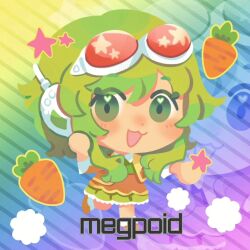  1girl :3 carrot chibi chibi_only goggles goggles_on_head green_eyes green_hair gumi headphones headset jacket looking_at_viewer nova_borealis open_mouth orange_jacket rainbow_background red-tinted_eyewear red_goggles short_hair short_hair_with_long_locks solo striped_background tinted_eyewear vocaloid 