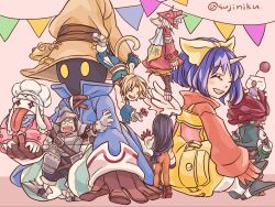  1other 3girls 4boys adelbert_steiner amarant_coral aqua_vest arm_behind_back armor armored_boots ascot beard bib black_hair black_mage_(final_fantasy) blue_coat blue_eyes blue_pants blue_wrist_cuffs bodysuit boots bow brown_boots brown_gloves burmecian cat_tail chef_hat clawed_feet closed_eyes coat commentary_request dreadlocks earrings eiko_carol facial_hair final_fantasy final_fantasy_ix flower freya_crescent frog_on_head furrowed_brow garnet_til_alexandros_xvii gloves grey_gloves grey_skirt hair_bow hair_ornament hair_over_eyes hairclip hat helmet highres holding holding_flower hoop_earrings horns jewelry light_blush long_hair low-tied_long_hair mini_wings moogle mouse_girl multiple_boys multiple_girls open_mouth orange_bodysuit outstretched_arm overalls pants pauldrons pennant pink_coat pink_sweater plate_armor quina_quen red_coat red_gloves red_hair red_helmet short_hair shoulder_armor single_horn sitting size_difference skirt smile standing striped_clothes striped_pants sujiniku sweater tabard tail tongue tongue_out twintails vest vivi_ornitier white_ascot white_hair winged_helmet wings wizard_hat wrist_cuffs yellow_bow yellow_eyes yellow_overalls zidane_tribal 