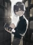  1boy black_shirt book bookshelf collared_shirt commentary_request from_side grey_eyes grey_hair highres holding holding_book looking_at_viewer makachandayo male_focus original shirt solo upper_body 