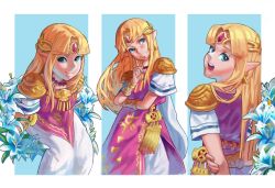 1girl absurdres aqua_eyes armor arms_behind_back bead_necklace beads blonde_hair blue_background blue_flower border breasts calilo circlet closed_mouth crossed_arms dress earrings finger_to_cheek flower gold_armor gold_earrings highres invisible_chair jewelry looking_at_viewer medium_breasts multiple_views necklace open_mouth parted_bangs pink_tunic pointy_ears princess_zelda shoulder_armor sidelocks silent_princess sitting smile solo the_legend_of_zelda the_legend_of_zelda:_a_link_between_worlds tunic upper_body white_border white_dress 