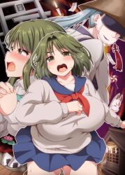  1boy 1girl aged_down ajirogasa black_lips blue_serafuku breasts candle dress dual_persona earrings flower food fox_mask green_hair hat highres hinako_(omusubi) ikue_fuuji issa_(omusubi) japanese_clothes jewelry kariginu large_breasts long_hair lotus mask omusubi_(game) onigiri own_hands_clasped own_hands_together plump school_uniform serafuku short_hair tassel tassel_earrings tears torii 