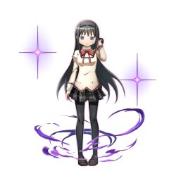  1girl akemi_homura anime_coloring artist_request black_hair black_hairband black_pantyhose black_skirt bow bowtie brown_shoes closed_mouth collared_shirt dot_nose expressionless full_body game_asset grand_summoners hairband hand_in_own_hair high_collar jitome juliet_sleeves knees lace-trimmed_sleeves lace_trim layered_shirt light_frown long_hair long_sleeves mahou_shoujo_madoka_magica mahou_shoujo_madoka_magica_(anime) miniskirt mitakihara_school_uniform official_art outline pantyhose plaid_clothes plaid_skirt pleated_skirt pocket puffy_sleeves purple_outline red_bow red_bowtie school_uniform shirt shoes sidelocks skirt sleeve_cuffs smoke solo sparkle standing straight-on studded_hairband studs transparent_background uwabaki very_long_hair violet_eyes yellow_shirt 