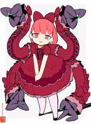  1girl artist_logo black_shoes bow child claws cross-laced_clothes cross-laced_dress cross-laced_sleeves cyborg dress frilled_dress frilled_sleeves frills hair_ornament highres iwako_(eiken3kyuboy) leggings logo looking_at_viewer mecha_musume mechanical_arms mechanical_tentacles medium_hair original own_hands_clasped own_hands_together pink_eyes pink_hair puffy_dress puffy_short_sleeves puffy_sleeves red_bow shoes short_sleeves simple_background twitter_username white_background white_leggings 