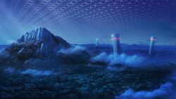  absurdres artist_request clouds energy_barrier forest game_asset highres mountain nature night no_humans outdoors scenery sky third-party_source touhou touhou_spell_carnival tower tree 