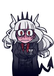  1girl black_necktie black_suit black_tail blush breasts charisma_break collared_shirt crying crying_with_eyes_open demon_girl demon_horns demon_tail flustered full-face_blush hair_up helltaker horns long_sleeves looking_at_viewer lucifer_(helltaker) medium_breasts mole mole_under_eye necktie non-web_source official_art red_eyes red_shirt ringed_eyes shirt solo suit tail tearing_up tears transparent_background vanripper white_hair white_horns 
