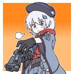  1girl bandaid bandaid_on_face black_gloves blue_eyes blue_jacket blue_shorts bodysuit bodysuit_under_clothes character_name covered_navel cowboy_shot girls_frontline gloves grey_hair gun hair_ornament hairclip handgun hat holding holding_gun holding_weapon jacket mangaradio mod3_(girls&#039;_frontline) mp-446_(girls&#039;_frontline) mp-446_viking orange_background red_scarf scarf sheriff_badge short_hair shorts simple_background solo weapon wide_sleeves 