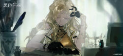  1girl ariadne_(black_beacon) bare_shoulders black_beacon black_gloves blonde_hair blurry blurry_background copyright_name copyright_notice gloves hand_on_own_head highres holding holding_pen inkwell logo long_hair looking_down official_art official_wallpaper pen shirt solo upper_body yellow_eyes yellow_shirt 