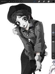  1girl art_program_in_frame black_gloves black_hair black_hat black_lips black_pants bow bowtie cleo_decroux facepaint gloves grey_hair grey_shirt hat highres id7b identity_v looking_at_viewer pale_skin pants shirt short_hair solo striped_bow striped_bowtie striped_clothes suspenders white_gloves 