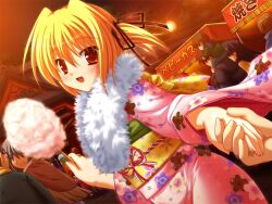  1girl back_bow black_ribbon blonde_hair bow clover_point cotton_candy crowd dutch_angle floral_print food fur-trimmed_kimono fur_trim furisode game_asset grabbing_another's_hand hair_bow holding holding_cotton_candy holding_food japanese_clothes kimono looking_at_viewer night non-web_source obi official_art pink_kimono pov pov_hands red_eyes ribbon sash smile summer_festival takanashi_yaya yuyi 