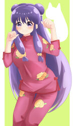  1girl absurdres blush bow chinese_clothes commentary_request double_bun floral_print green_background hair_bow hair_bun highres kokiniko pants paw_pose ranma_1/2 red_pants red_shirt shampoo_(ranma_1/2) shirt simple_background smile violet_eyes white_bow 