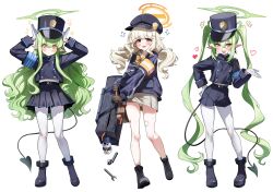  3girls absurdres aoba_(blue_archive) armband arms_up bandaid bandaid_on_leg black_gloves black_hat black_shoes black_shorts black_skirt blue_archive blush boots bow buttons commentary_request demon_horns demon_tail full_body gloves green_hair green_halo halo hat heart highres hikari_(blue_archive) holding horns jacket long_hair long_sleeves looking_at_viewer multiple_girls nozomi_(blue_archive) open_mouth pantyhose peaked_cap pleated_skirt pointy_ears red_eyes sak_(lemondisk) shirt shoes shorts simple_background skirt smile tail twintails very_long_hair white_background white_gloves white_pantyhose yellow_eyes 