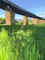  1boy absurdres arms_at_sides black_hair black_pants blue_sky clouds collared_shirt commentary_request day edam1474826 elevated_railway grass highres korean_commentary male_focus original outdoors pants scenery shade shirt short_hair short_sleeves sky solo standing tall_grass white_shirt wide_shot 