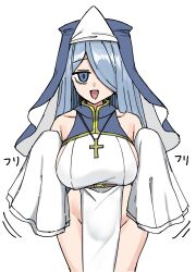  1girl bare_shoulders blue_hair breasts cross cross_necklace hair_over_one_eye high_re highres himitsu_houjin_death_maker hitsugi_(death_maker) jewelry large_breasts looking_at_viewer necklace no_panties pelvic_curtain sideboob simple_background sleeves_past_fingers sleeves_past_wrists solo triangular_headpiece 