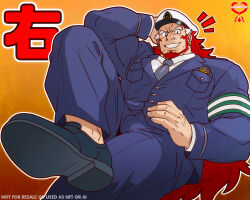  1boy armband beard breast_pocket collared_shirt commentary earrings english_commentary facial_hair grin hat jewelry leomon32 long_hair male_focus migi_(yomi_no_tsugai) multicolored_hair necktie pocket police police_uniform red_hair sharp_teeth shirt smile solo streaked_hair teeth two-tone_hair very_long_hair yomi_no_tsugai 