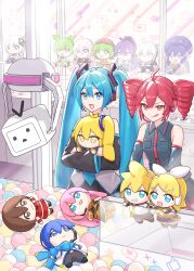  2girls absurdres ahoge akita_neru aqua_eyes aqua_hair aqua_trim bare_shoulders black_shirt black_skirt black_sleeves buttons character_doll character_request collared_shirt commentary_request crane_game detached_sleeves doll dot_nose double-parted_bangs drill_hair grey_shirt gumi hair_between_eyes happy hatsune_miku headset highres holding holding_doll kagamine_len kagamine_rin kaito_(vocaloid) kasane_teto kasane_teto_(utau) long_hair macha_3939 megurine_luka meiko_(vocaloid) multiple_girls open_mouth pleated_skirt red_eyes red_hair red_trim shirt sidelocks skirt sleeveless sleeveless_shirt sleeves_past_wrists smile stuffed_toy tongue tongue_out twin_drills twintails utau very_long_hair vocaloid wide_sleeves wing_collar 