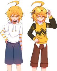  1boy ahoge akita_nero alternate_costume arm_warmers black_choker black_sleeves blonde_hair blue_shorts brown_shorts choker collared_shirt goggles goggles_on_head hand_on_own_hip highres hood hood_down hoodie huge_ahoge open_mouth saw_art06 shirt short_sleeves shorts signature simple_background striped_arm_warmers sweater_vest tinted_eyewear vocaloid white_background white_hoodie white_shirt yellow-tinted_eyewear yellow_eyes yellow_sweater_vest 