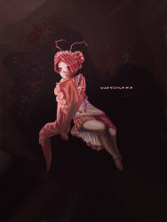  1girl antennae apron arthropod_girl black_background brown_pantyhose brown_shoes character_name closed_mouth commentary double_bun english_commentary entoma_vasilissa_zeta fangs full_body hair_bun invisible_chair japanese_clothes kimono long_sleeves maid maid_headdress mixed-language_commentary monster_girl obijime ofuda ofuda_on_clothes overlord_(maruyama) pantyhose purple_hair rakugakingu red_eyes red_kimono shoes short_hair sitting skin_fangs sleeves_past_fingers sleeves_past_wrists smile solo translated white_apron 