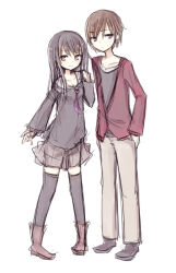  1boy 1girl amakaze_sora black_hair black_shirt black_shoes black_thighhighs boots brown_boots brown_eyes brown_hair brown_pants brown_skirt closed_mouth collarbone jacket long_hair long_sleeves original pants pleated_skirt red_jacket sailor_collar school_uniform serafuku shirt shoes simple_background sketch skirt smile thigh-highs thighhighs_under_boots white_background white_sailor_collar 