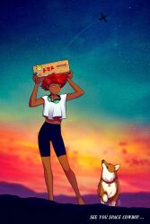  1girl androgynous animal_collar barefoot bike_shorts black_shorts blush box collar commentary cowboy_bebop cowboy_shot crop_top dark-skinned_female dark_skin edward_wong_hau_pepelu_tivrusky_iv ein_(cowboy_bebop) english_commentary english_text goggles goggles_around_neck holding holding_box jen_bartel outdoors red_hair shirt shorts spacecraft standing sunset welsh_corgi white_shirt 