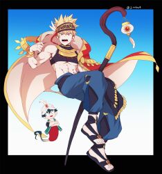  2boys abs absurdres alternate_costume ankle_strap arabian_clothes bakugou_katsuki bangle black_border black_headband black_pants black_sandals black_shirt blonde_hair blue_background blue_hair blue_pants boku_no_hero_academia border bracelet bright_pupils brooch cape cape_grab check_clothing chibi clothes_grab clothing_cutout clothing_request colored_eyelashes commentary_request crop_top cropped_shirt crossed_arms detached_cape eyebrows_hidden_by_hair floating floating_cape freckles full_body gem genie ghost_tail gold_bracelet gradient_background green_pupils green_vest hair_between_eyes hanging_lantern harem_pants hat_feather headband headband_feathers highres j_nobu4 jewelry knees_up leg_cutout looking_at_another looking_at_viewer looking_up mage_staff male_focus midoriya_izuku mini_person miniboy multicolored_cape multiple_boys multiple_bracelets neck_ring open_mouth outside_border pale_skin pants partial_commentary peanut_mouth print_cape print_headband puffy_pants red_cape red_eyes red_gem red_pupils sandals shirt short_hair simple_background single_bare_arm single_bare_shoulder sleeveless sleeveless_shirt spiky_hair staff tight_clothes tight_shirt toned toned_male triangle_print tsurime turban turtleneck twitter_username two-sided_cape two-sided_fabric underpec usekh_collar very_big_eyes vest white_background white_turban wooden_staff 