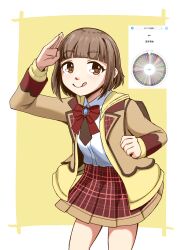  1girl :q absurdres arm_up backpack bag blunt_bangs blush border bow brown_bag brown_eyes brown_hair brown_jacket brown_necktie collared_shirt commentary_request cowboy_shot eyelashes highres idolmaster idolmaster_cinderella_girls jacket kitami_yuzu long_sleeves masaki_comic necktie open_clothes open_jacket red_bow red_skirt screenshot_inset shirt short_hair simple_background skirt smile solo standing tongue tongue_out white_border white_shirt yellow_background 