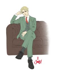  1boy black_shoes blonde_hair collared_shirt commentary couch crossed_legs english_commentary full_body green_jacket green_pants green_suit grey_socks head_on_hand highres jacket jen_bartel looking_at_viewer male_focus necktie pants parted_bangs red_necktie shirt shoes short_hair sitting socks solo spy_x_family suit suit_jacket twilight_(spy_x_family) vest waistcoat white_background white_shirt 